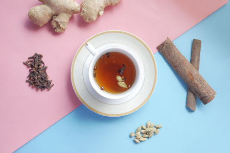 top view of herbal tea and ingredient on color background .の写真素材