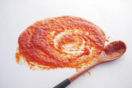 tomato sauce and wooden spoon on white .の写真素材