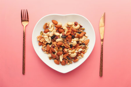 a bowl of mixed nut top down.の写真素材