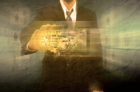 Businessman works with Social Network Display in the old paper