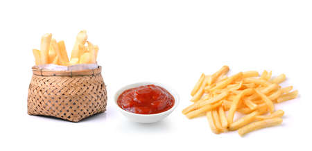 tomato sauce and french fries isolated on white backgroundの写真素材