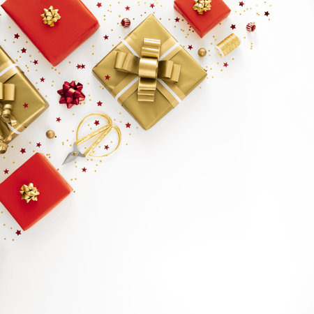 flat lay arrangement festive wrapped presents with copy space. Resolution and high quality beautiful...