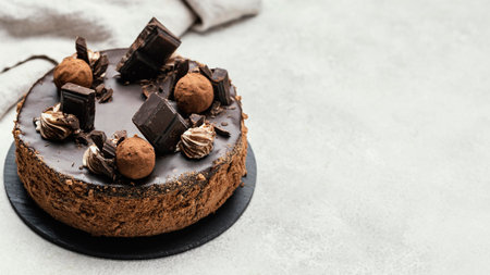 high angle sweet chocolate cake with copy space