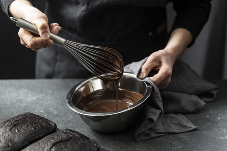 high angle pastry chef preparing chocolate cake. Resolution and high quality beautiful photoの写真素材