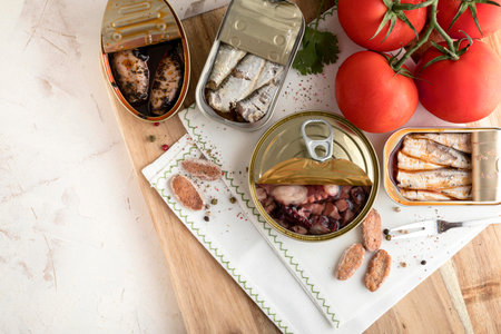 top view seafood cans with tomatoes. Resolution and high quality beautiful photo