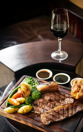 gourmet sunday roast beef traditional british meal set on old wooden pub tableの写真素材