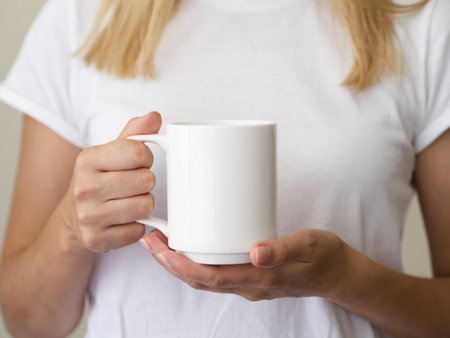 close up blonde woman with mug. Resolution and high quality beautiful photo
