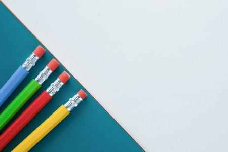 colorful pencils on on color background with copy spaceの写真素材