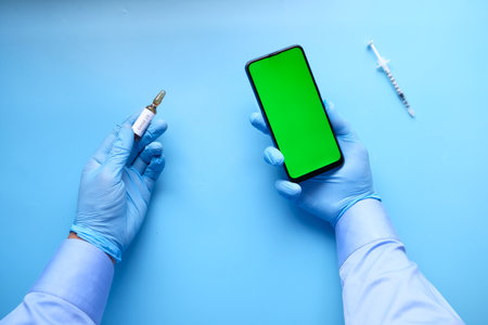 doctor hand in gloves holding coronavirus vaccine, close upの写真素材