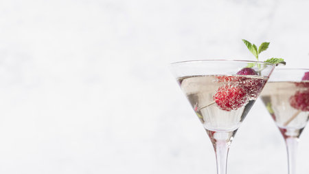 alcoholic beverage cocktail with raspberry copy spaceの写真素材