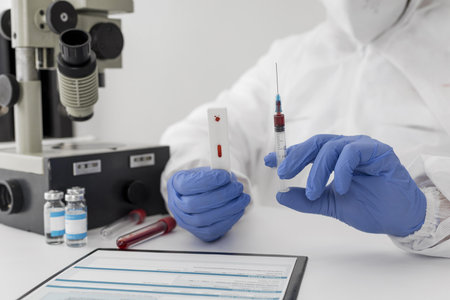 close up doctor holding blood sample. Resolution and high quality beautiful photoの写真素材