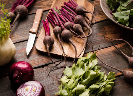 fresh beet cutting board flat lay
