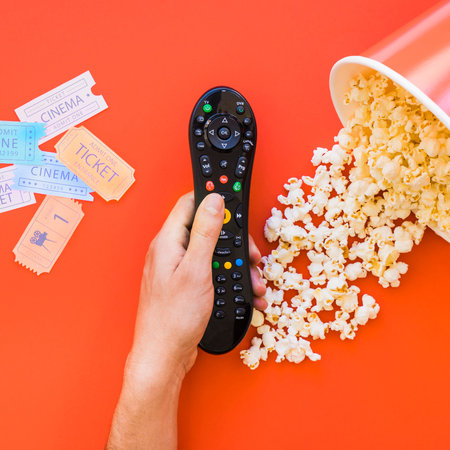 hand holding remote control popcorn movie tickets