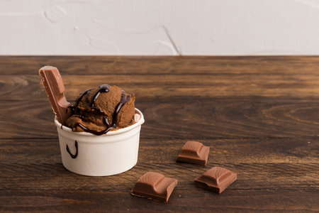 syrup decorated coffee ice cream sliced chocolateの写真素材