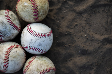 close up dirty baseballs with copy space. Resolution and high quality beautiful photoの写真素材
