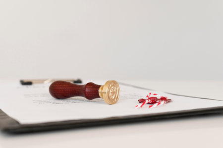 front view blurred certificate wax seal