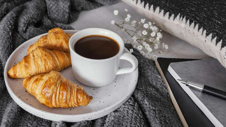 coffee croissants breakfast. High quality beautiful photo conceptの写真素材