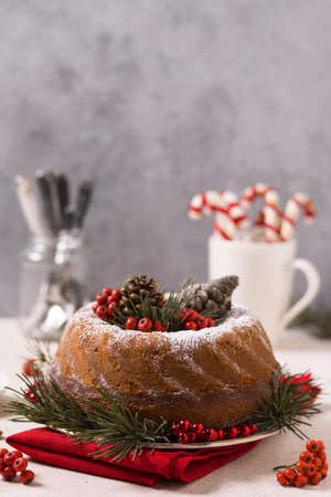 front view christmas cake with pine cones red berries. High quality and resolution beautiful photo conceptの写真素材