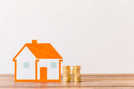 house stacked coins wooden table