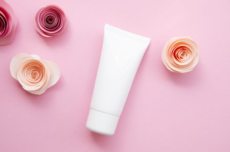 flat lay arrangement with cream bottle roses. High quality and resolution beautiful photo concept