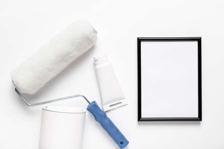 flat lay arrangement with frame roller brushの写真素材