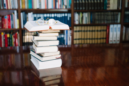 books glasses table libraryの写真素材