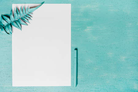 green fern leaves paper pen against turquoise backgroundの写真素材