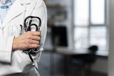 front view female doctor holding stethoscope with copy space. Resolution and high quality beautiful photoの写真素材