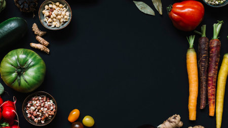 high angle view various raw vegetables black background