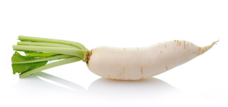 Daikon radishes isolated on white backgroundの写真素材