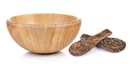 wood bowl and wood spoon on white backgroundの写真素材