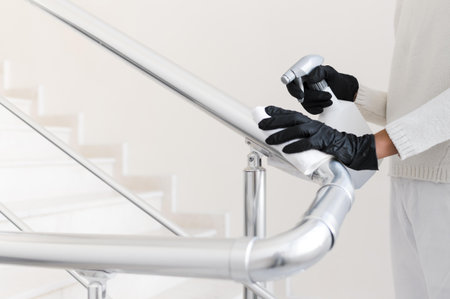 hands with gloves disinfecting hand rail. High quality beautiful photo concept
