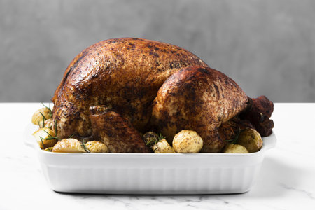 arrangement with roasted turkey tray. High quality and resolution beautiful photo concept