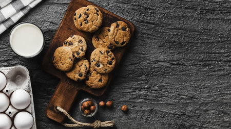 delicious cookies wooden board glass milk. High quality beautiful photo concept