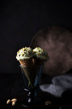 front view pistachio icecream with nuts