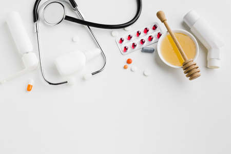 asthma inhaler with medical treatment honey. High quality and resolution beautiful photo conceptの写真素材