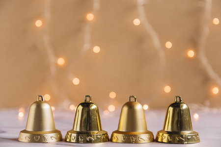 christmas composition small metallic bells. High quality and resolution beautiful photo concept