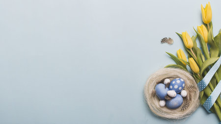 nest with colored eggs near tulips. High quality beautiful photo concept