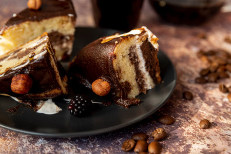 close up slices cake plateの写真素材