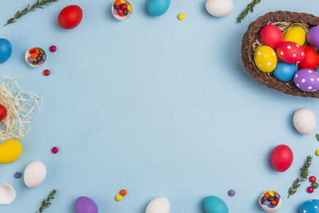 frame from easter eggs basket table. High quality beautiful photo concept