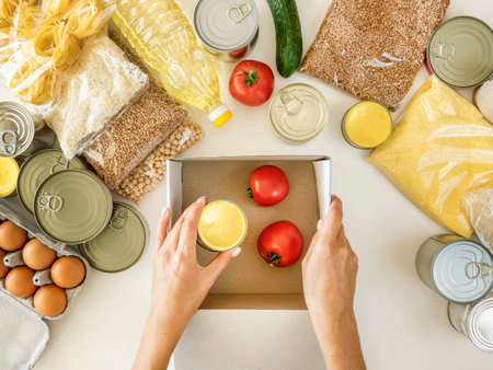 flat lay fresh provisions donation with boxの写真素材