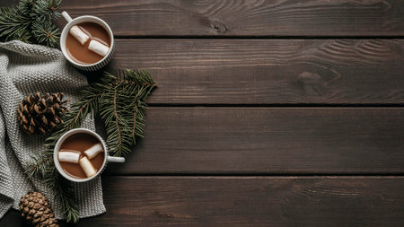 top view hot chocolate with pine branches cones copy space