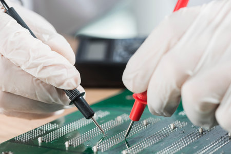 technician wearing gloves examining computer circuit board with digital multimeter