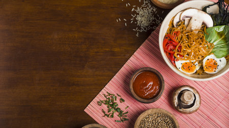 ramen noodles asian style with sauces wooden table . Resolution and high quality beautiful photoの写真素材