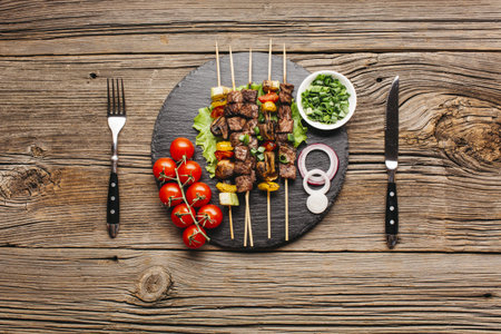 delicious meat skewer black slate with fork butter knife wooden table. Resolution and high quality...