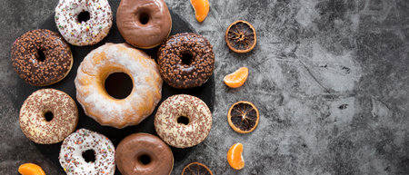 flat lay variety doughnuts with dried citrus copy spaceの写真素材