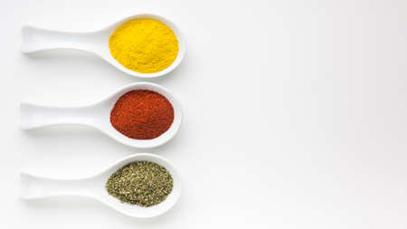 three spoons with spicy powder table. Resolution and high quality beautiful photoの写真素材