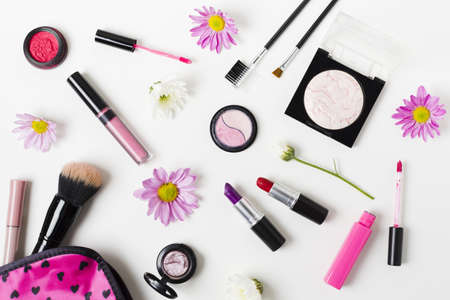 collage feminine colourful cosmetics white desk. Resolution and high quality beautiful photoの写真素材