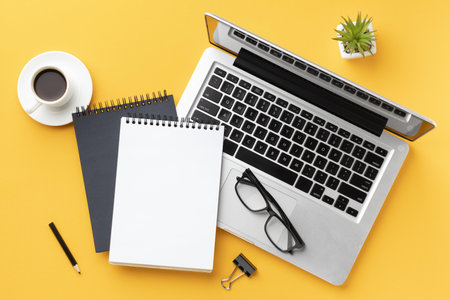 top view office desk composition with notepad. Resolution and high quality beautiful photoの写真素材