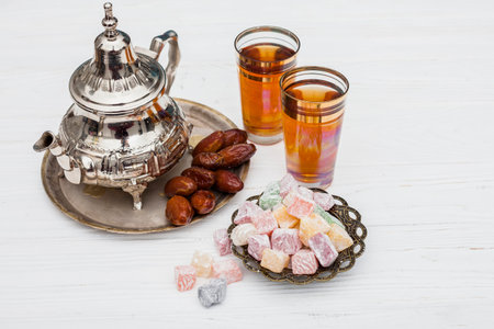 dates fruit with turkish delight teapotの写真素材